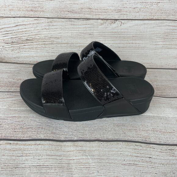 FitFlop Lulu Sequin Slides Womens Size 7 Sandals All Black - Picture 6 of 10